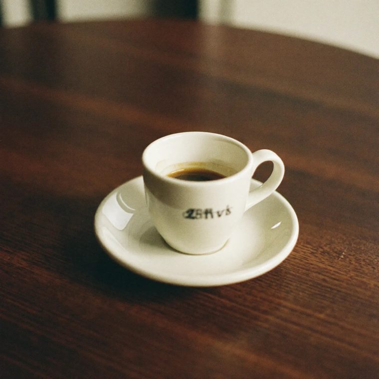 An espresso in a small cup on a dark table